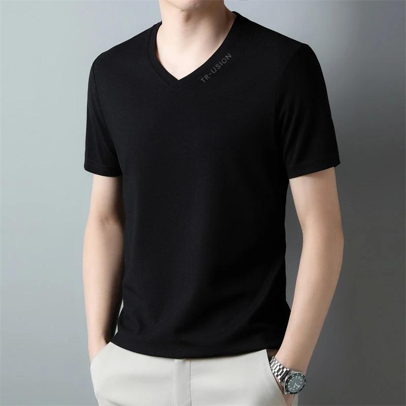 Men's Casual and Fashionable V-neck Solid Color Short Sleeved T-shirt Breathable and Comfortable Summer Versatile Top