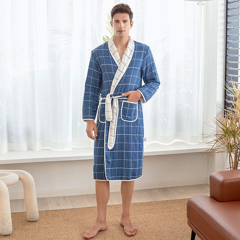 Cotton Absorbent Bathrobe Pajamas Men's and Women's Couple Nightgown Soft Plaid Men's Pure Cotton Pajamas Homewear Women's