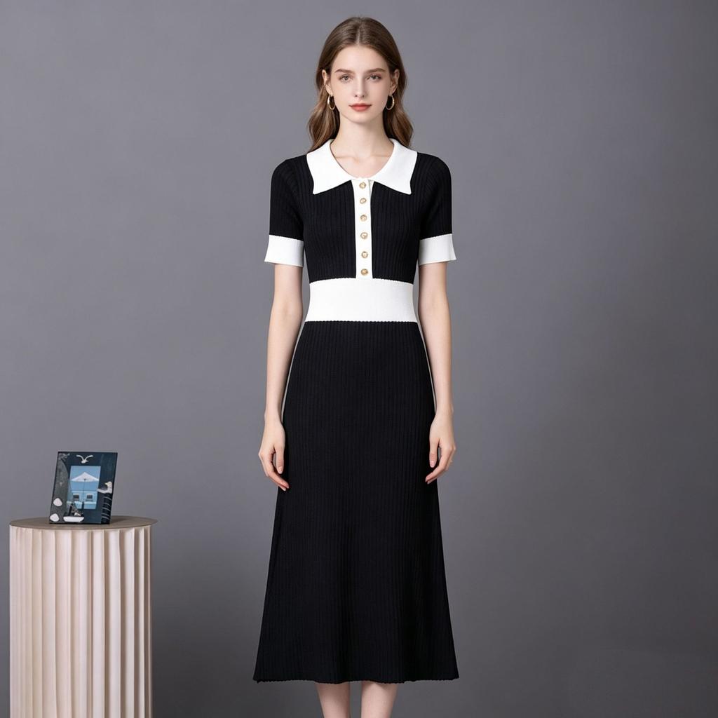European and American Contrasting Color Lapel Short-sleeved Dress Summer Waist Slim and Thin Knitted Dress Women
