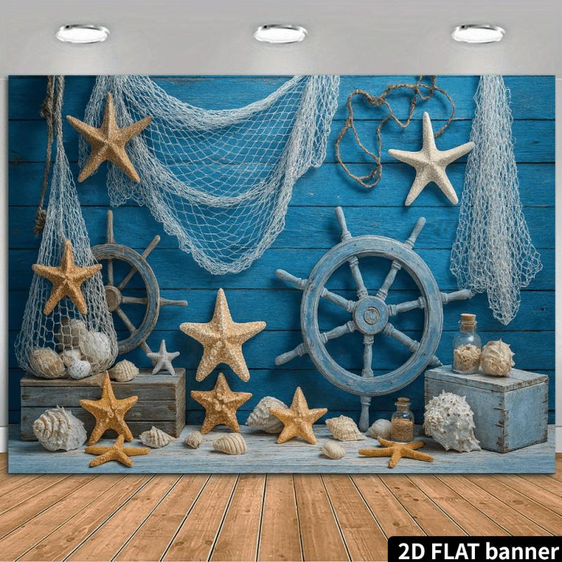 

2D Nautical Theme Wall Tapestry 2D Flat Banner Sea Shell Starfish Ship Wheel Ocean Decor Beach House Living Room 74x94cm(29x37in)