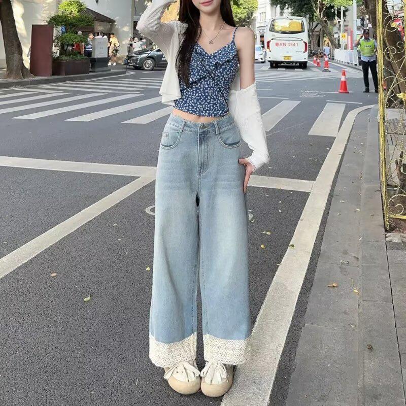 

Шикарные стройнящие джинсы с высокой посадкой, пэчворком и широкими штанинами для женщин, коллекция весна-осень 2024, укороченные прямые брюки. Extra Large