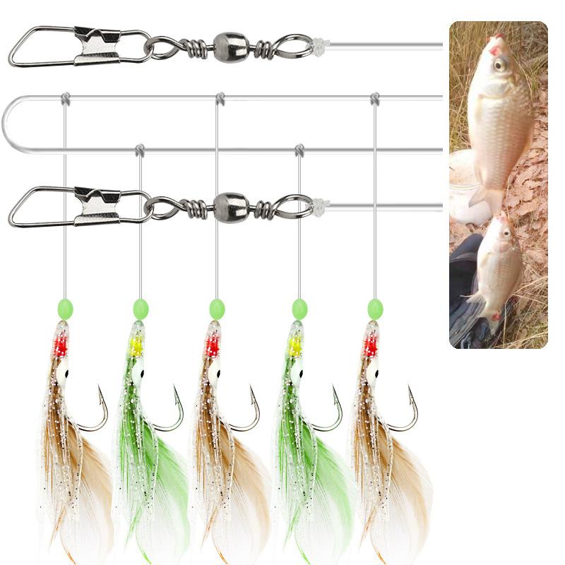 Amo da Pesca Piuma di Pollo Polpo Perline Luminose al Buio Filo con Amo 5 Amo/Filo Set da Pesca da Appendere
