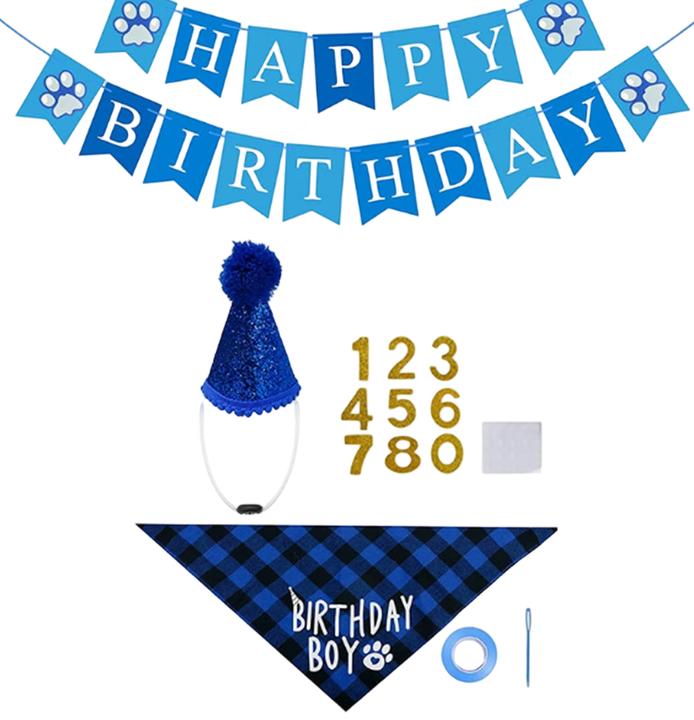 Pet Birthday Party Decoration Kit Dog Bandana Hat Banner Flag Number Set Includes Balloons Bow Tie Tape Suitable for Pet Celebrations