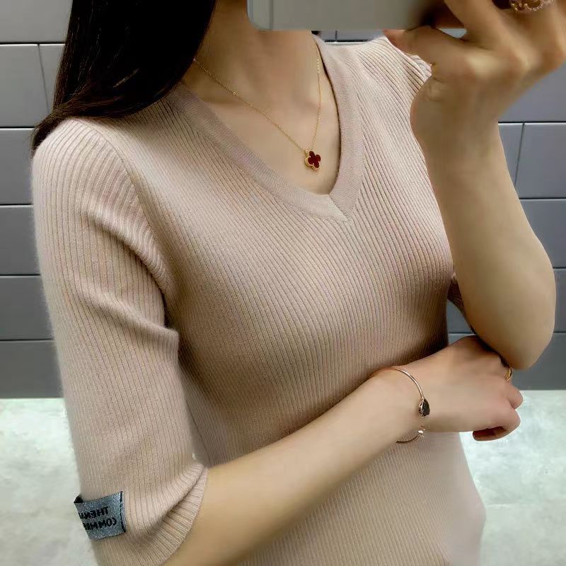 

Вязаный свитер со средними рукавами, женские весенние сексуальные свитера с v-образным вырезом, облегающая рубашка с половиной рукавов, топ с пятиточечным рукавом XL света кофе