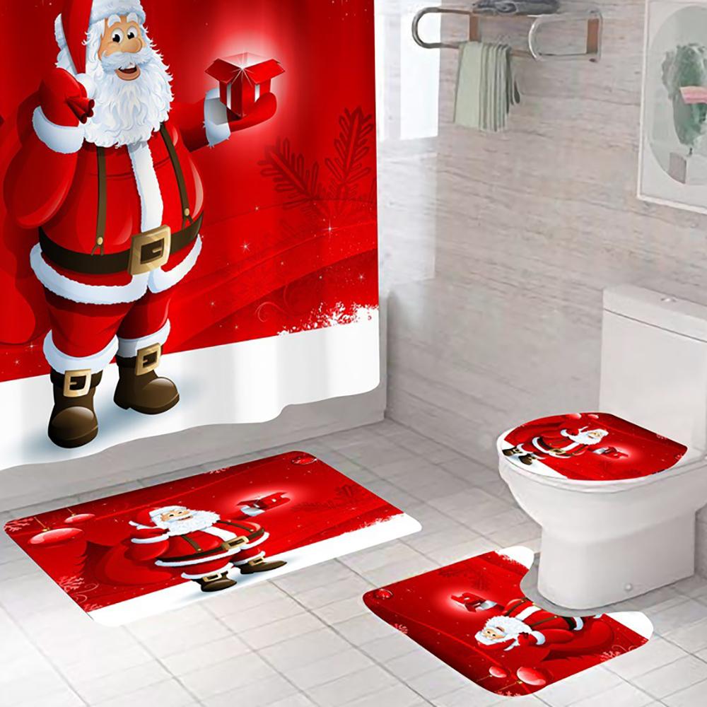 3X Christmas Bathroom Rug Set Non-Slip Bath Mat Toilet Lid Cover Christmas Decor