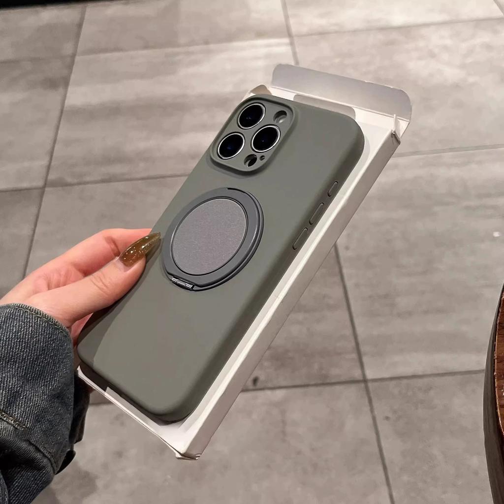 Suitable for Ip16pm Liquid Silicone Magnetic Rotating Stand, Apple 15pro Fine Hole Full Cover Solid Color 14p Protective Case