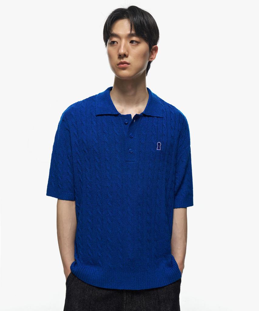 Sekeonmonollogeu Keyhole Logo Cable Collar Half Knit [Coblue]_Sekt024Coblue