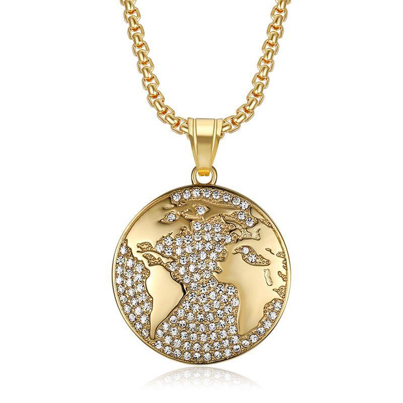 

Megin D Stainless Steel Titanium Zircon World Map Round Pendant Hip Hop Collar Chains Necklace for Men Women Couple Gift Jewelry
