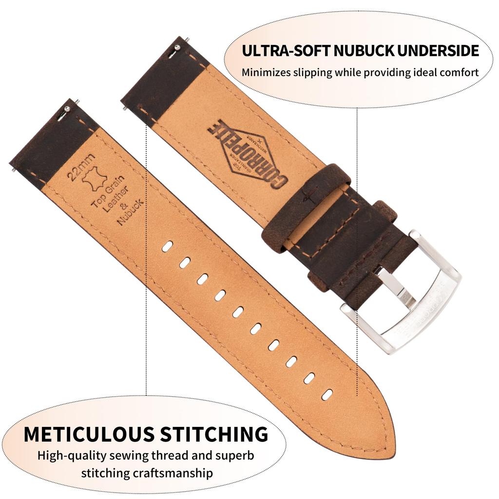 [CORROPELLE] Genuine Leather Watch Band, Quick Release, 18mm 19mm 20mm 21mm 22mm Replacement Strap, No Tools Required, Retro Elegant Crazy Horse