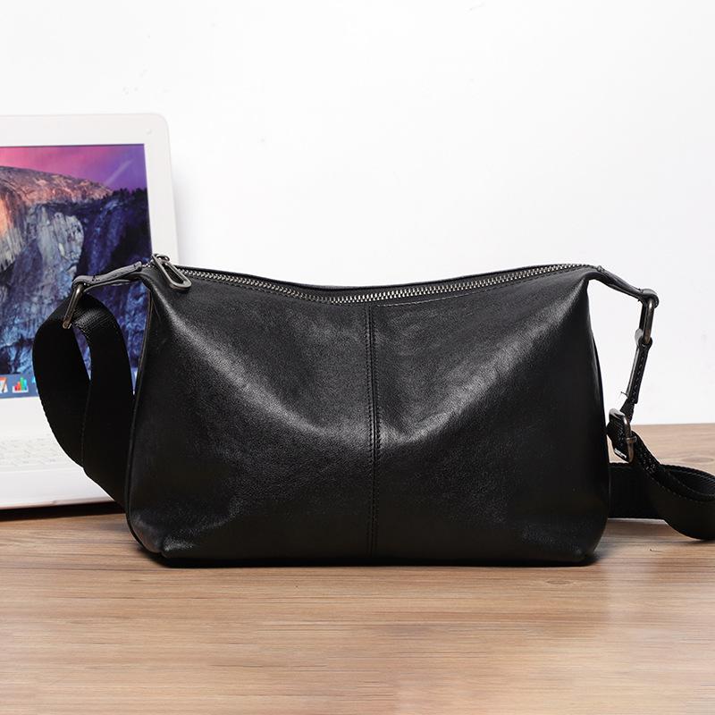 Top Grain Cowhide Men Crossbody Bag Soft Leather Daily Shoulder Messenger Bag чёрный