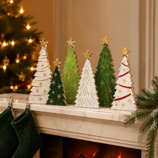 Layered Wooden Tree Ornament Sets 6Pcs Christmas Tabletop Decor Set, Rustic Star Topped Window Display Accents Mini Figurines, Farmhouse Xmas