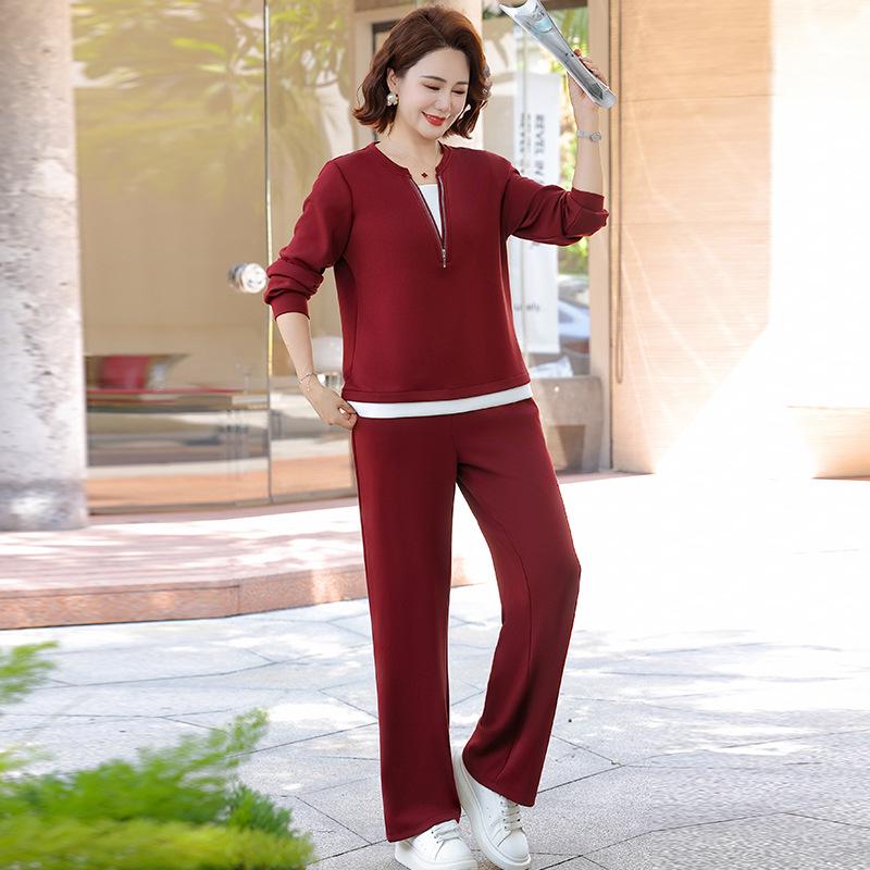 2026 Spring/Autumn Women's Casual Hoodie & Straight-Leg Pants Set for Middle-Aged and Elderly Moms