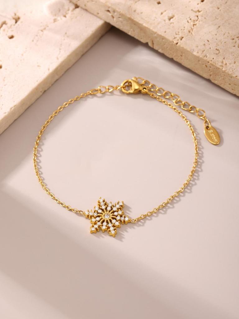 Oumeka Karácsonyi Cirkónia Hópehely Csillogó Titán Karkötő, 18K Arany PVD Bevonattal, Nem Fakuló Női Ékszer