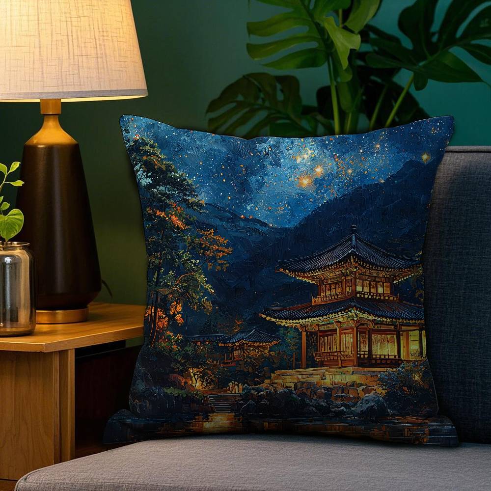 Korea Foguo Temple Pillow Case Plush Fabric Soft Double Sided Print Home Sofa High Quality Cushion Cover Throw