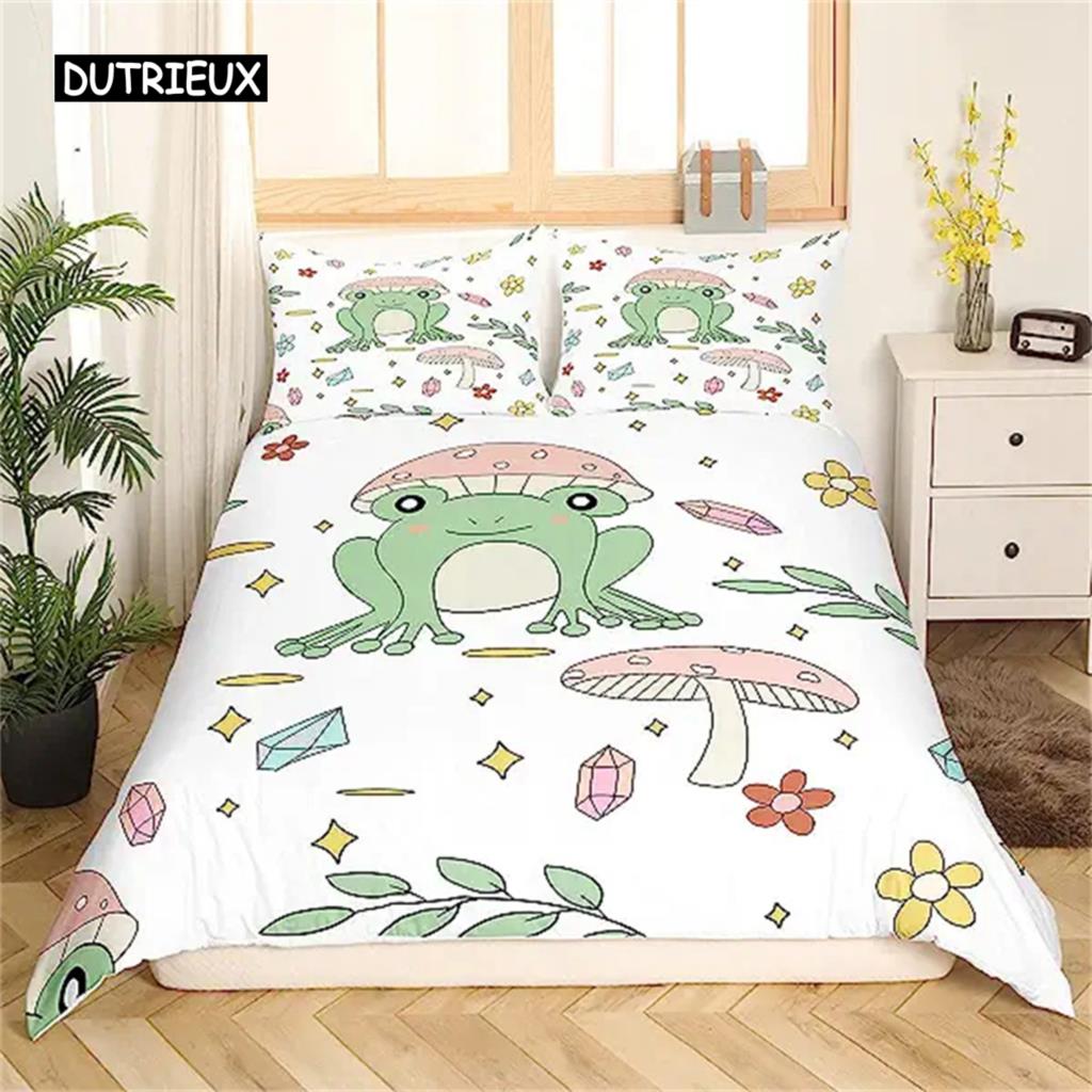 Duvet Cover Cartoon Mushroom Frog Cute Frog Duvet Cover for Kids Boys Girls Natural Wild Fungus Comforter Cover Pink Mushroom