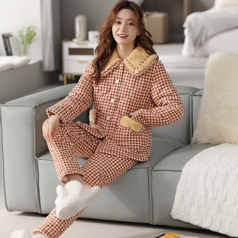 Pajamas Women'S Winter Three-Layer Thickened Fleece Woven Cotton Padded Autumn And Winter Coral Fleece Outer Wear Warm Loungewear