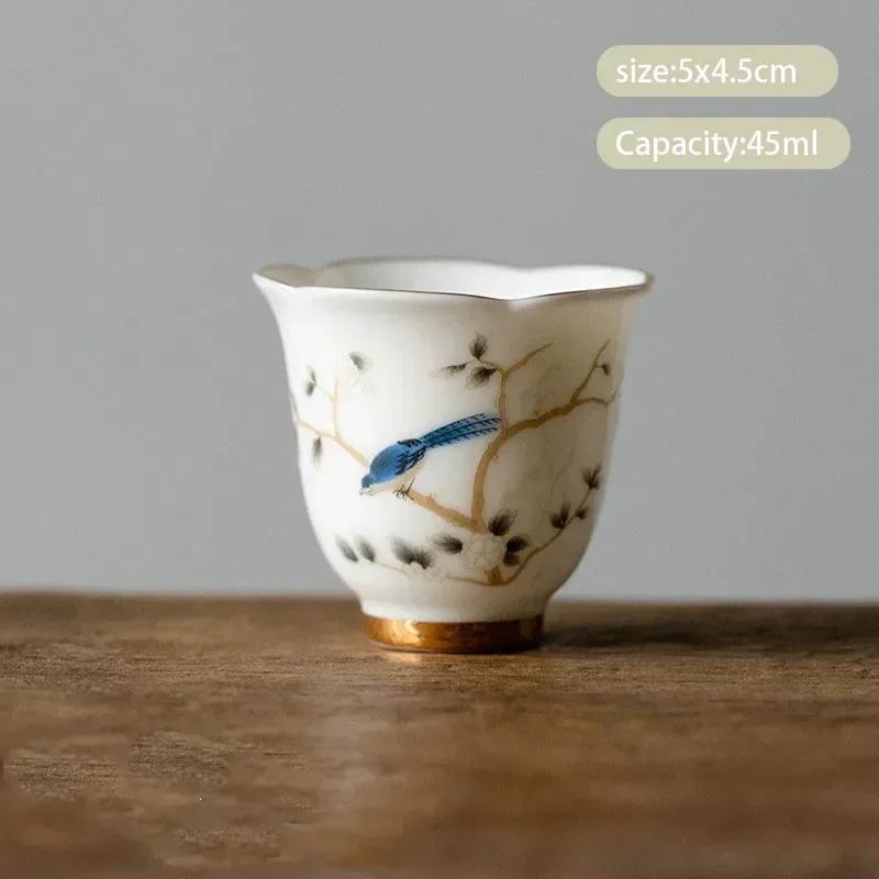 1 Pc Chinese Ceramic Teacup Master Handmade Suede Jade White Porcelain Tea Bowl Hand-Painted Bird Tea Cup Household Tea Set