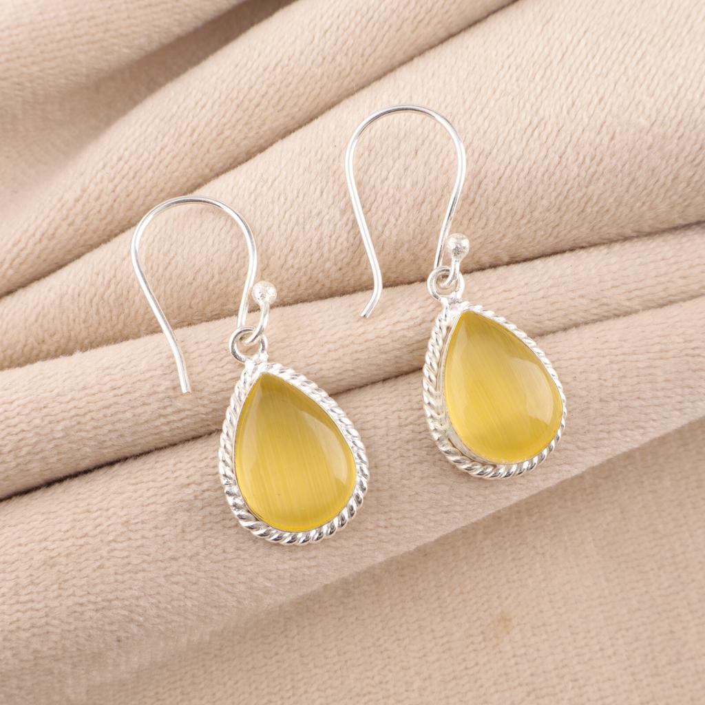 Yellow Cat's Eye Gemstone 925 Stamped Silver Jewelry Stylish Earrings 1.40" Gift EE-9-44