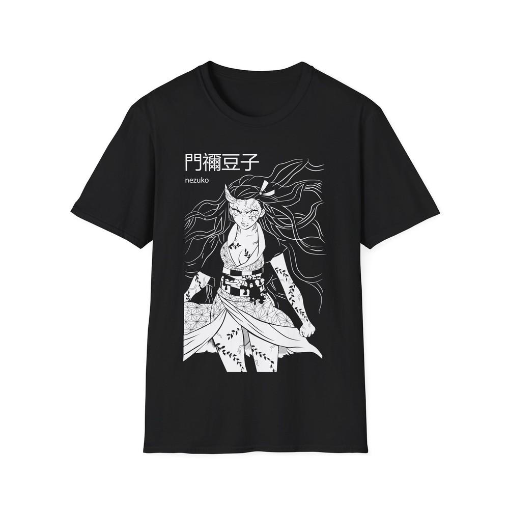 

Demon Nezuko Black and White Unisex Softstyle Tee - Anime Graphic Shirt, M