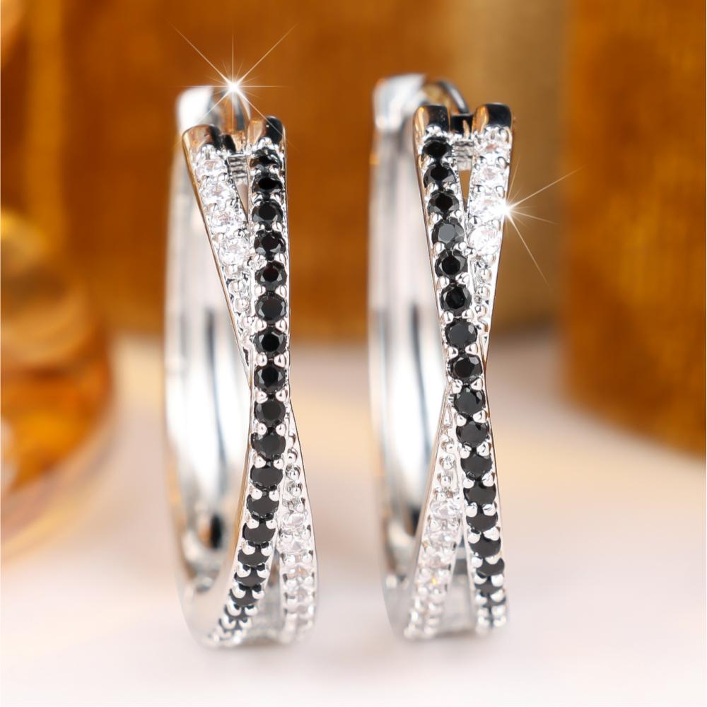 Chic Silver Color Cross Two Tone Zircon Huggie Earrings for Women Daily Wear and Party