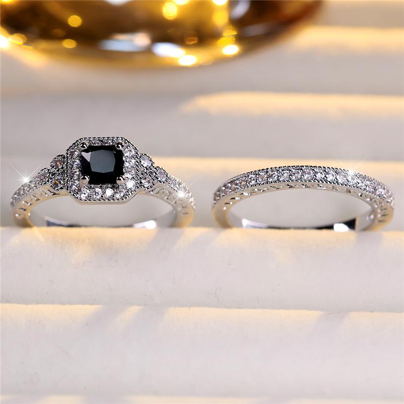 Female Black Zircon Stone Engagement Ring Set Cute Silver Color Wedding Jewelry For Women
