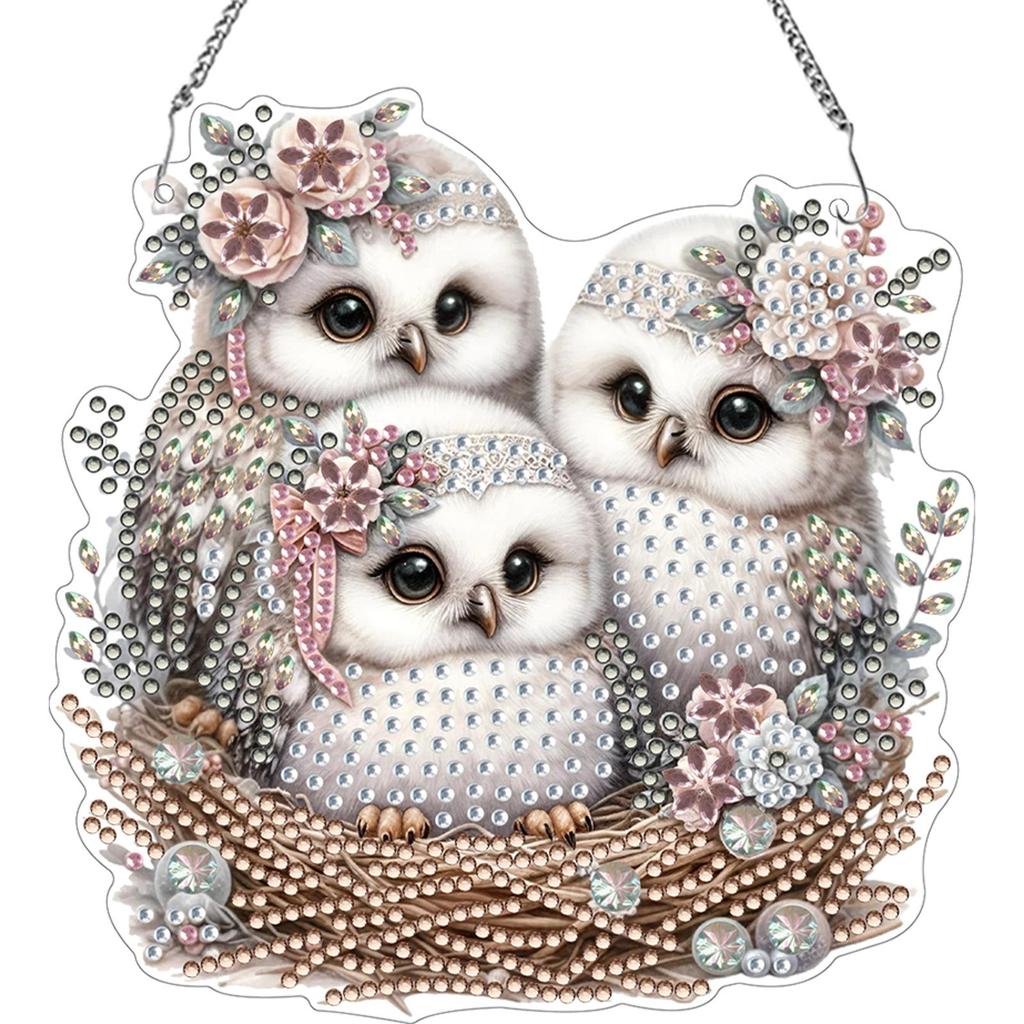 Double Sided Acrylic Owl 5D DIY Diamond Painting Dots Pendant Rhinestone Diamond Art Pendants for Garden Window Decor