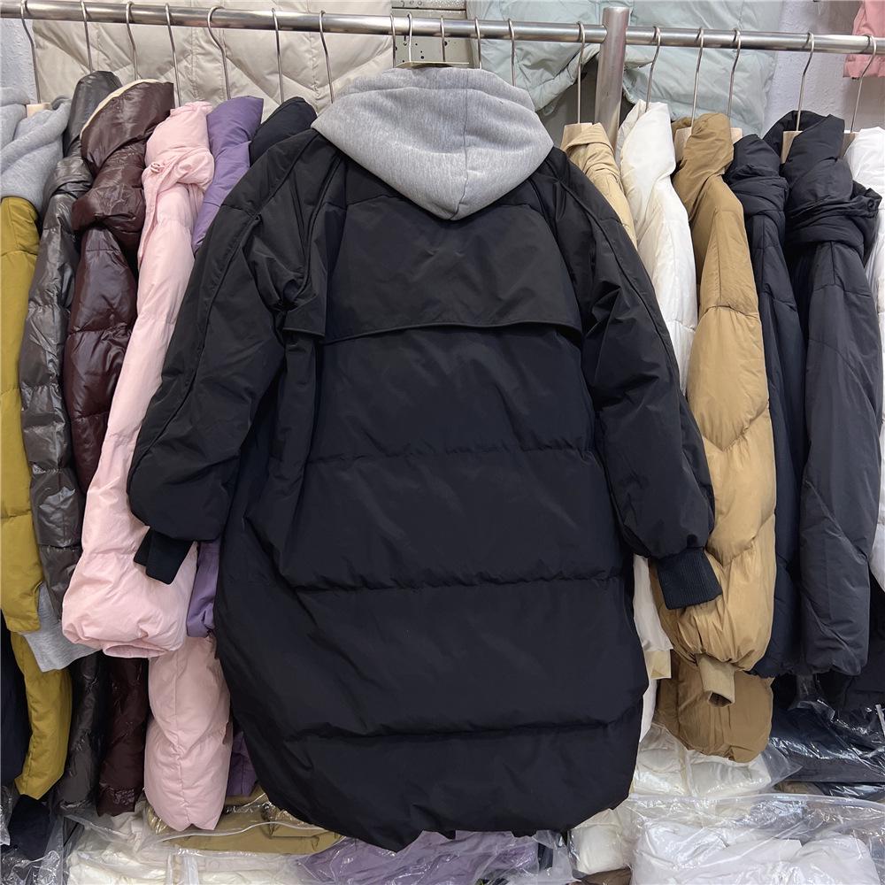 2023 Winter Women's Hooded Down Jacket with Faux Two-Piece Sweatshirt Patchwork, Trendy Mid-Length Over-the-Knee Style