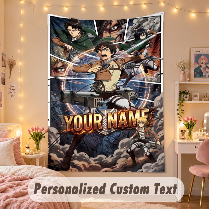 Custom Personalized Tapestry,Attack on Titan Print Custom Name Text Wall Art Hanging for Bedroom