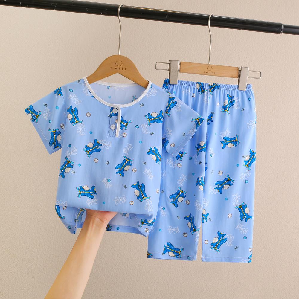 Summer Little Boy Thin Loungewear Suit Summer Children'S Cotton And Silk Pajamas Boys And Girls Short-Sleeved Trousers Cotton Silk