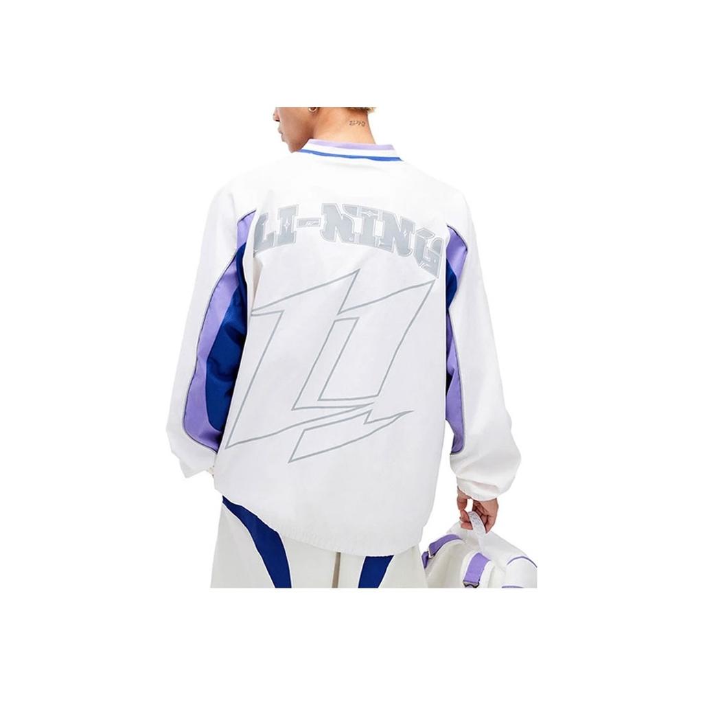 Li Ning Color Block Letter Stand Collar Pullover Sports Loose Sweatshirt Men Sweatshirt Off-White Shadow-Purple Blue ATLU035-1