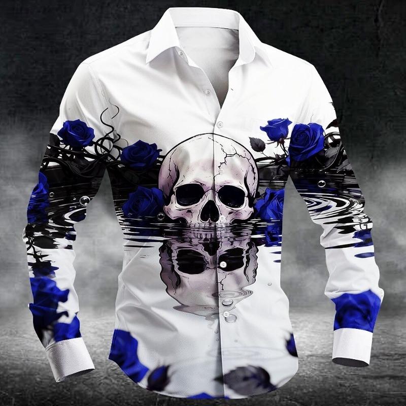 New Men's 3D Skull Print Button Up Shirt Long Sleeved Deep Punk Gothic Flower Style Outdoor Holiday Collar Shirt Top