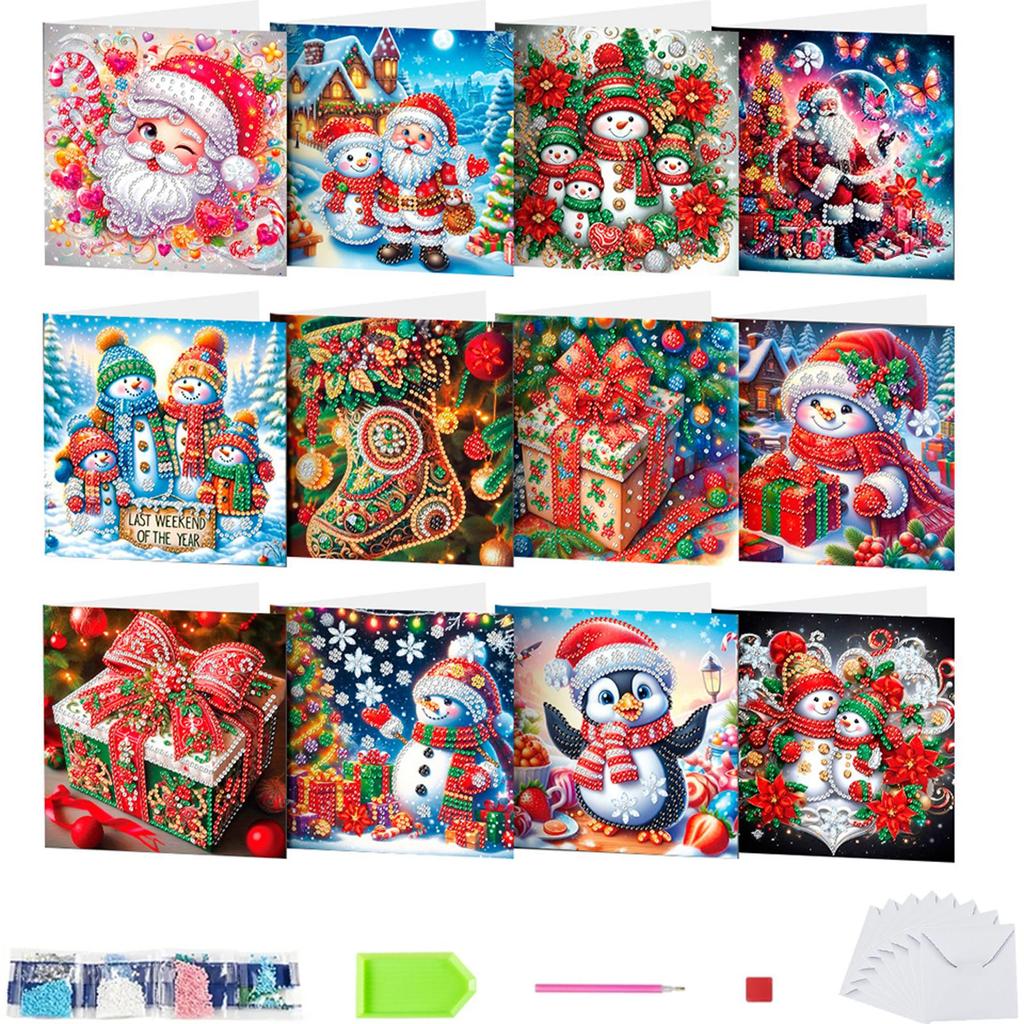 12pcs DIY Diamond Painting Greeting Card Set Xmas Designs Rhinestone Diamond Art Mosaic Postcards Congratulations Cards & Gifts