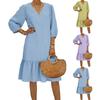 Women's Flowing Pleated V-Neck 3/4 Sleeve Linen Dress