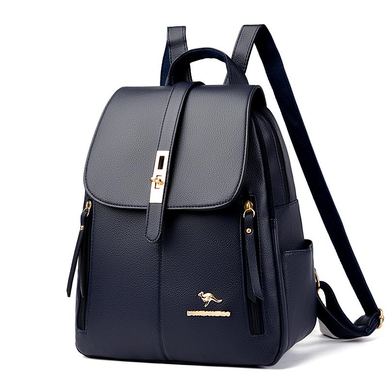 

2024 Новый уличный тренд женский багаж кожаные изделия однотонный рюкзак кожаный женский рюкзак с прошивкой синий