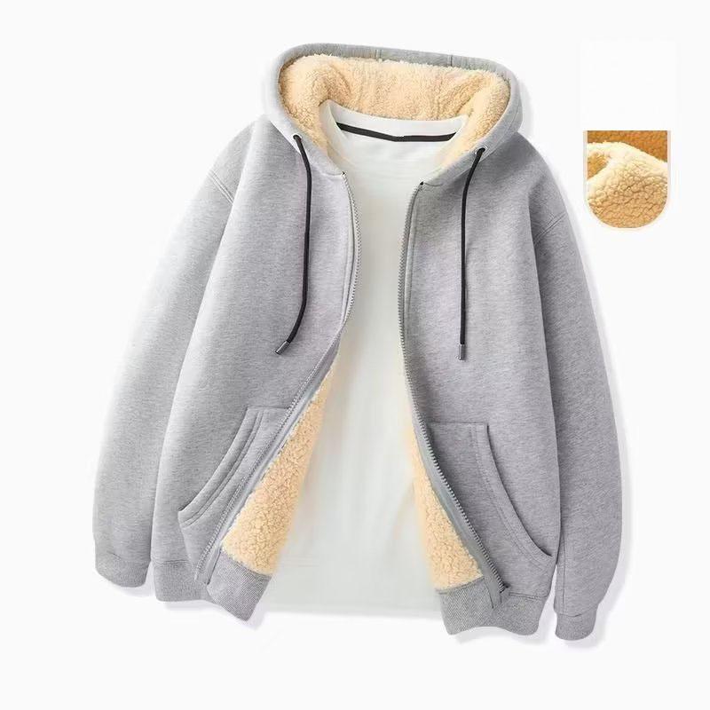 Trendy Sweatshirt Coat Front Pockets Warm Zipper Lamb Woolen Jacket Men Woman Winter Pure Color Plush Lined Cardigan Hoodie