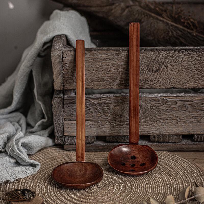 SHALL Wooden Long Handle Ladle and Slotted Spoon Set