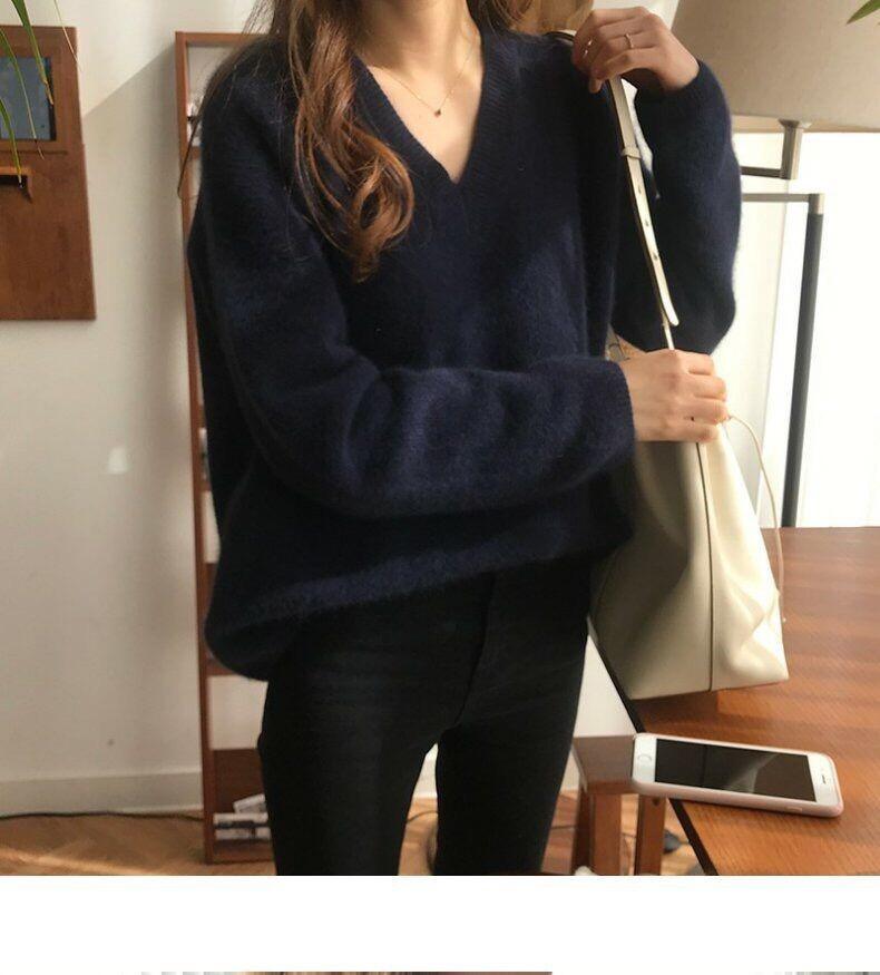 Women's Thick V-Neck Wool Sweater: Velvet, Loose, Casual Knitwear for Autumn & Winter