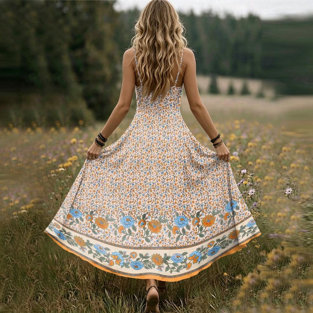 Women’s Sleeveless V Neck Maxi Dress with Spaghetti Straps and Floral Print Loose Fit Summer Long Dress for Daily Wear