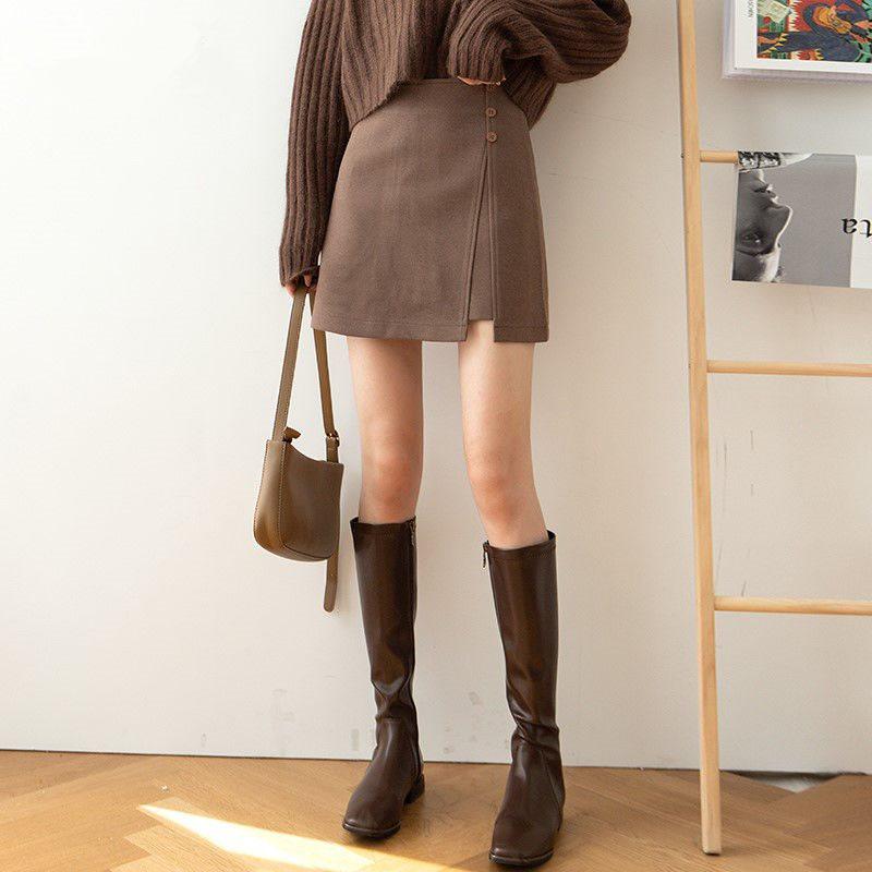 

Women s Black Wool Blend Irregular A-line Midi Skirt - Korean Style, Autumn/Winter 2025, Slimming High Waist with Slit. M, 90-105 jin