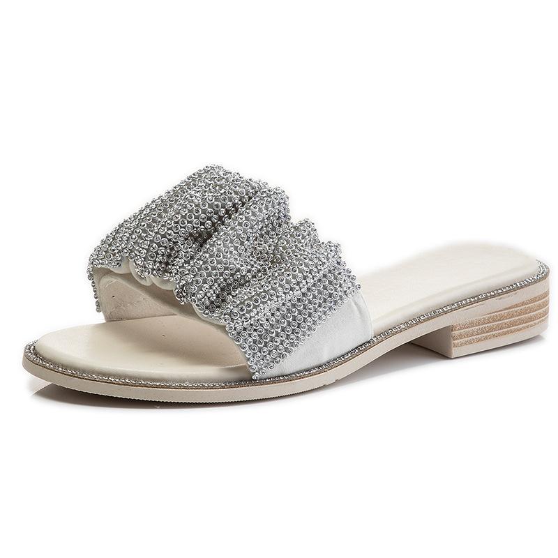 Rhinestone Cool Slippers for Women To Wear 2025 New Summer Women's Fashion Versatile Women's Shoes One-word Drag Thick Heel Shoes Drag Women