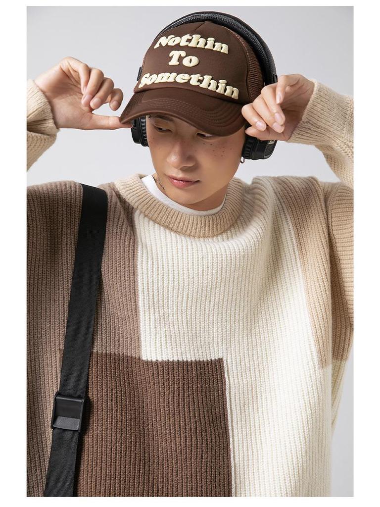 Unisex Color Block Striped Sweater, Autumn/Winter, Japanese Style, Loose Fit, Thick Knit
