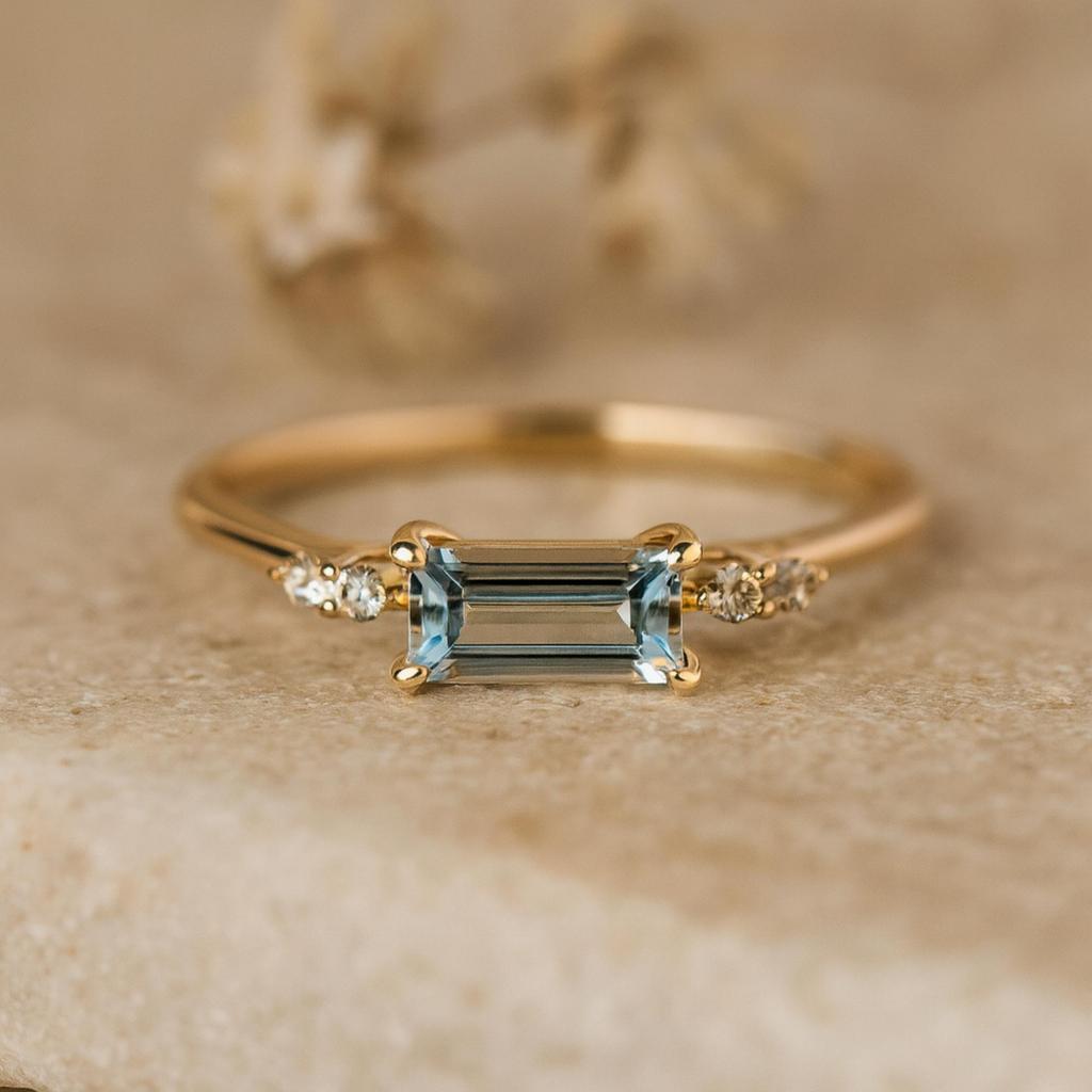 Baguette Aquamarine Ring with CZ Accents – Dainty Gold Plated 925 Sterling Silver Band – Women’s Promise Engagement Ring