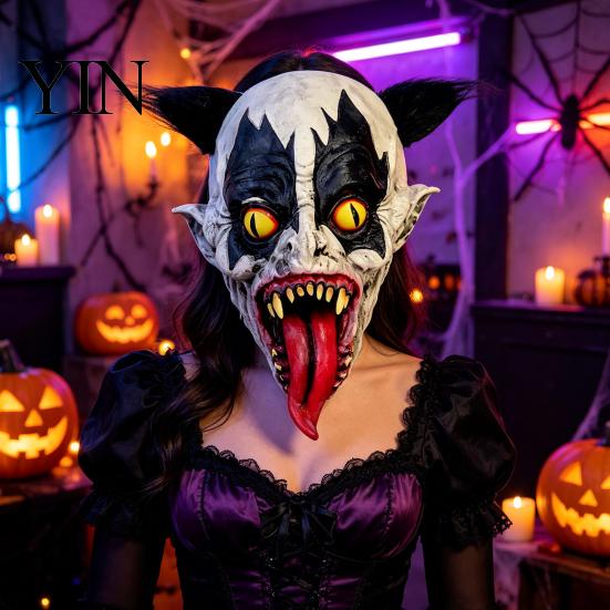 Evil Character Cosplay Headgear Halloween Horror Clown Mask with Long Tongue, Latex Scary Breathable Masquerade Gear Creepy Costume Prop for Parties,