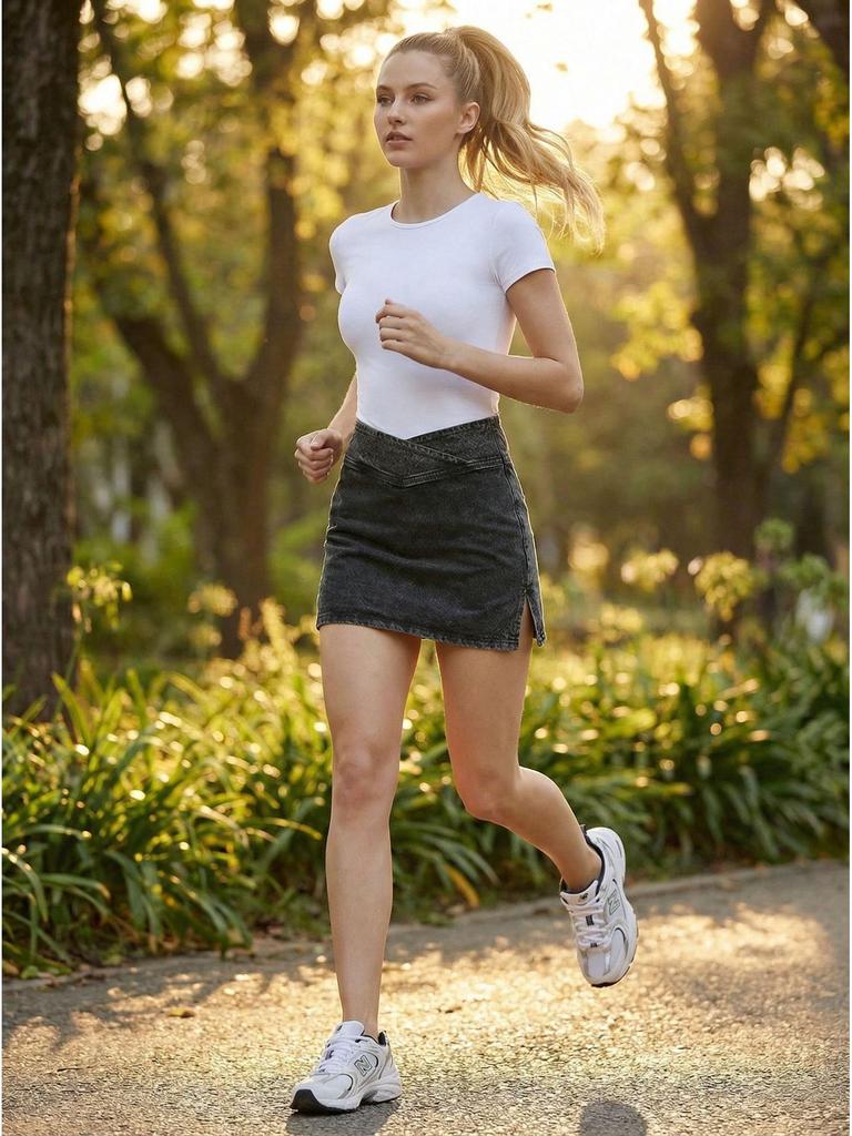 Stylish High-Waist Slit Faux Denim A-line Mini Skirt