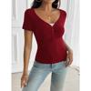 T-shirt Casual da Donna Scollo a V Bottoni Arricciata Manica Corta Vestibilità Aderente