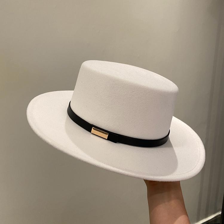 Autumn and Winter Flat Top Woolen Hat Children's Fashion Versatile Retro Black Top Hat British European and American Style Wide Eaves Jazz Hat Men