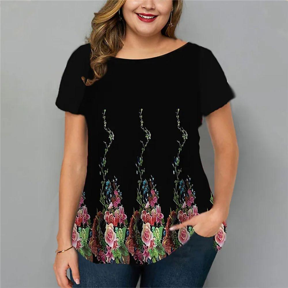 Summer Round Neck Floral Graphic 3D Print Top Fashionable Casual Short Sleeved Plus Size Women's T-shirts