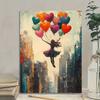 Unframed Canvas Wall Art - Flying with Heart Balloon, Pastel Pink & Turquoise Blue Doodle Painting, Whimsical Decor, Wrapped