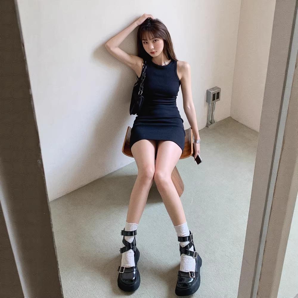 Real Spring and Summer New Slim-fitting Sleeveless Vest Dress Black Hip-wrapped Dress Women's Slimming Suspender Dress