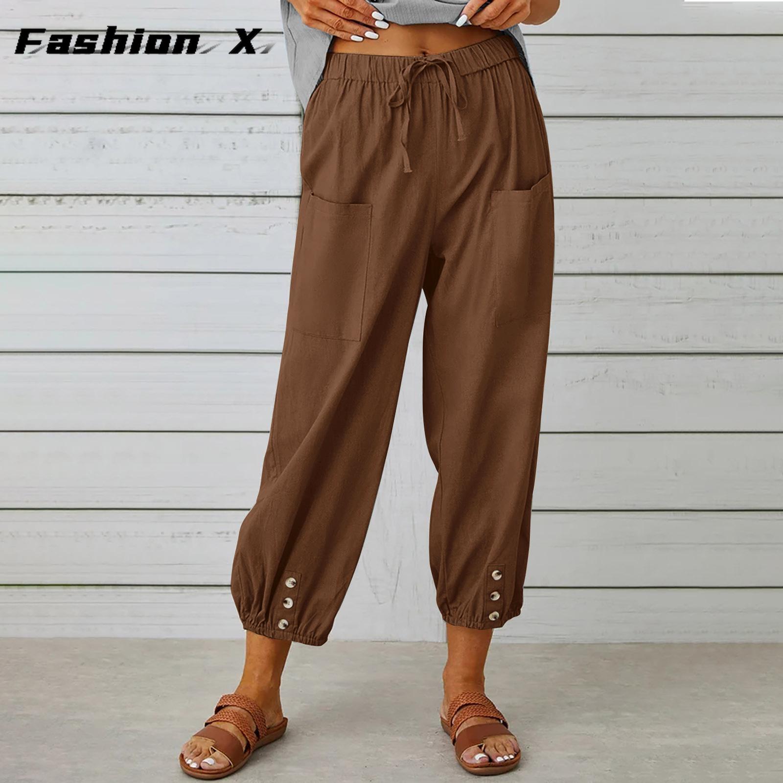 

Женские брюки Свободные брюки из хлопка и льна с высокой талией Женские брюки-девятиминутки с широкими штанинами 5XL